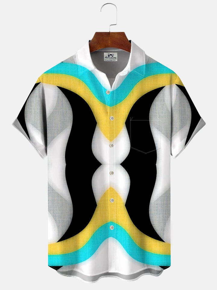 Alohadaddy Geometric Stripes Button Pocket Casual Short Sleeve Shirt