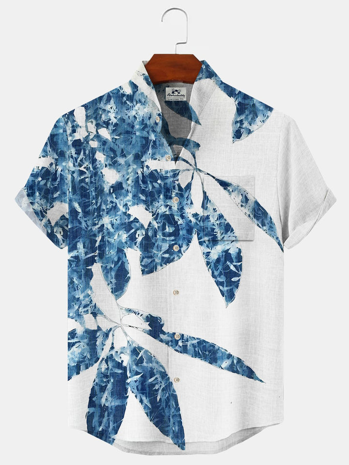 Alohadaddy Plant Leaves Button Pocket Casual Short Sleeve Stand Collar Shirt
