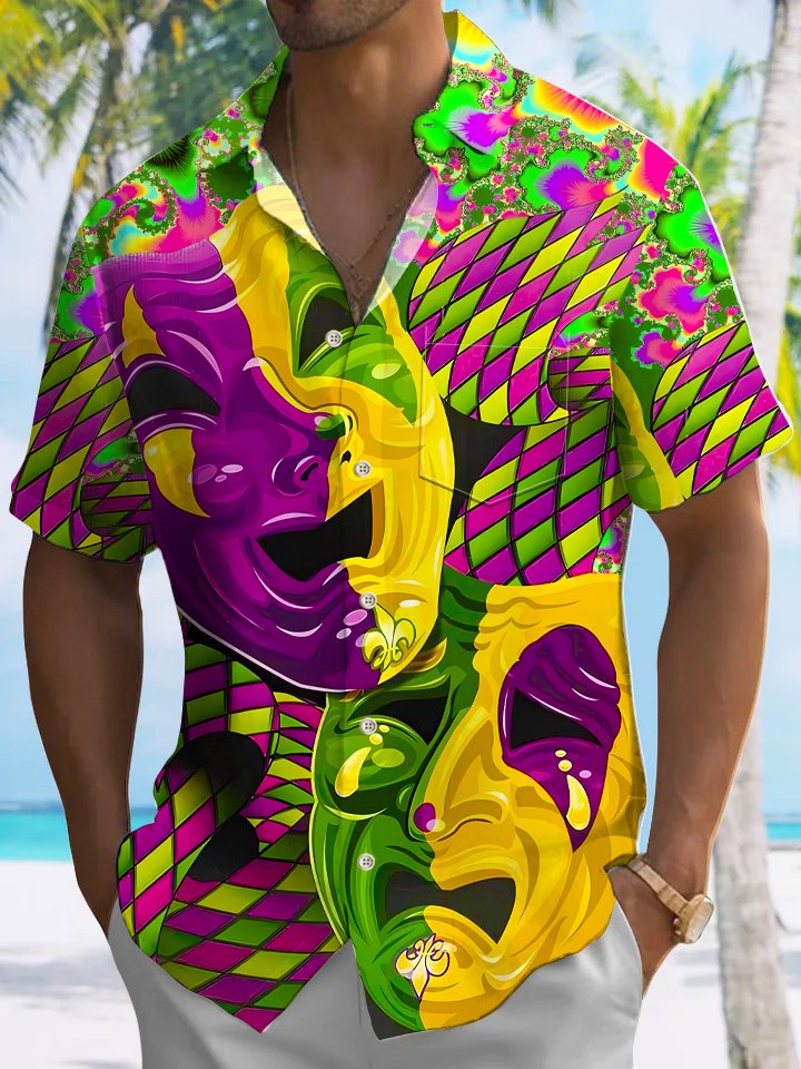 Alohadaddy Carnival Mask Button Pocket Casual Short Sleeve Shirt