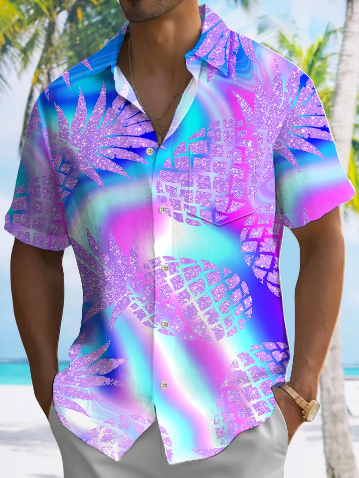 Alohadaddy Beach Pineapple Plant Button Pocket Casual Short Sleeve Shirt