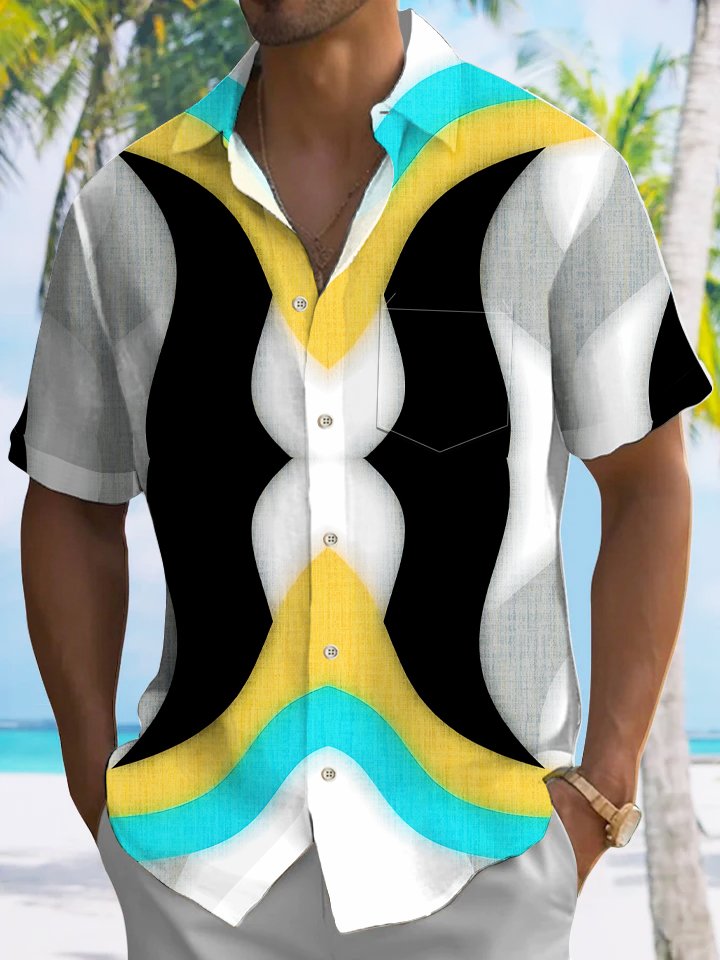 Alohadaddy Geometric Stripes Button Pocket Casual Short Sleeve Shirt