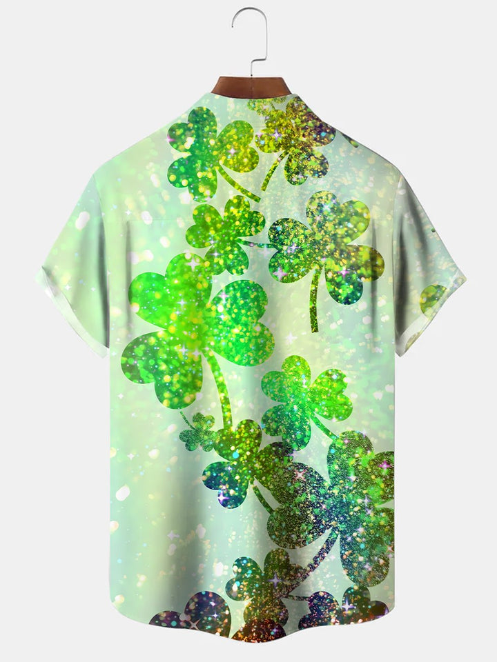 Alohadaddy Plant Four Leaf Clover Button Pocket Casual Short Sleeve Shirt