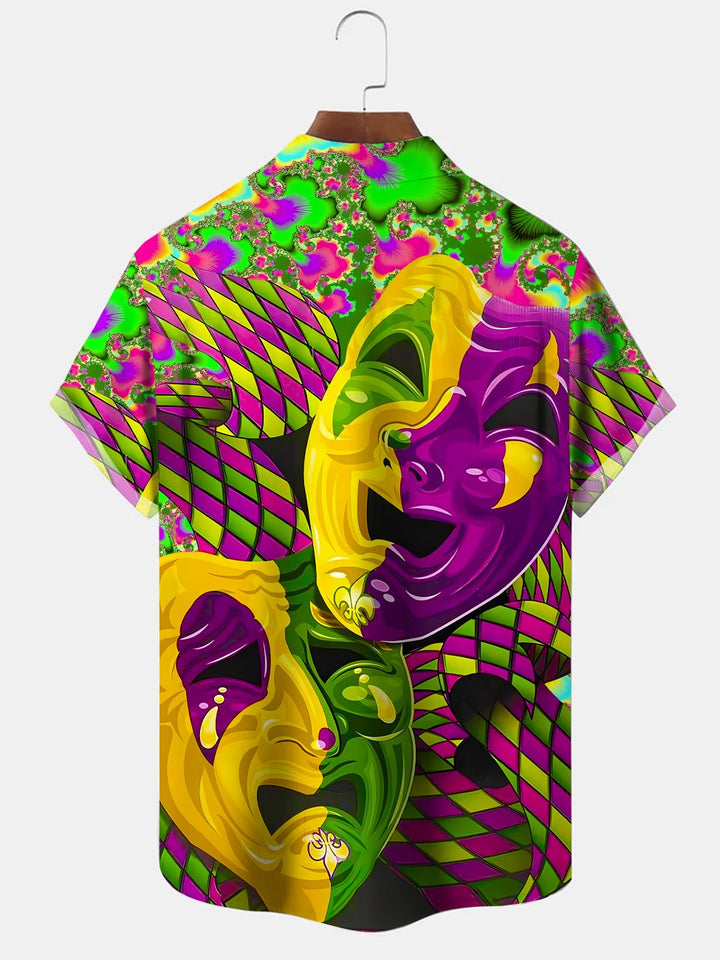 Alohadaddy Carnival Mask Button Pocket Casual Short Sleeve Shirt