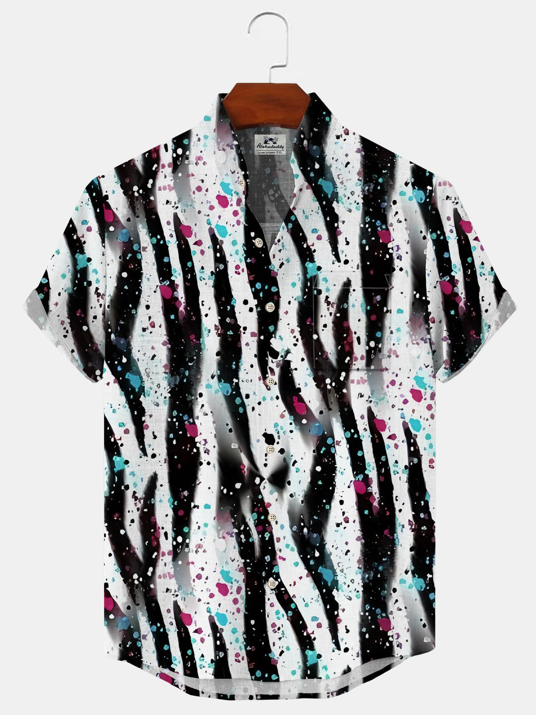Alohadaddy Geometric Button Pocket Casual Short Sleeve Stand Collar Shirt