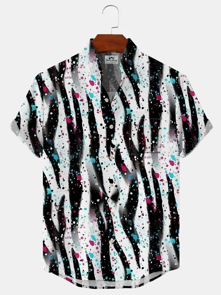 Alohadaddy Geometric Button Pocket Casual Short Sleeve Stand Collar Shirt