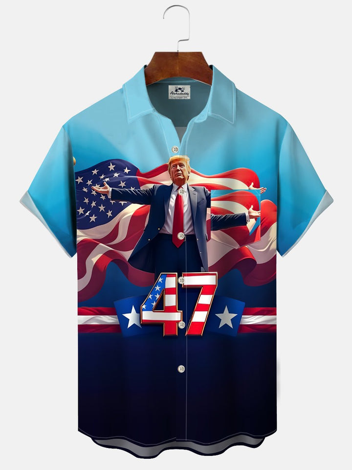 Alohadaddy Gradient Flag Trump Button Pocket Casual Short Sleeve Shirt