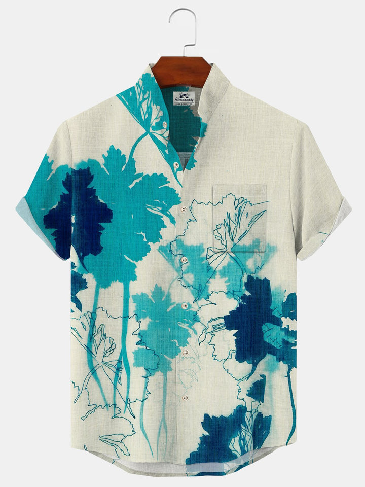 Alohadaddy Botanical Flower Button Pocket Casual Short Sleeve Stand Collar Shirt