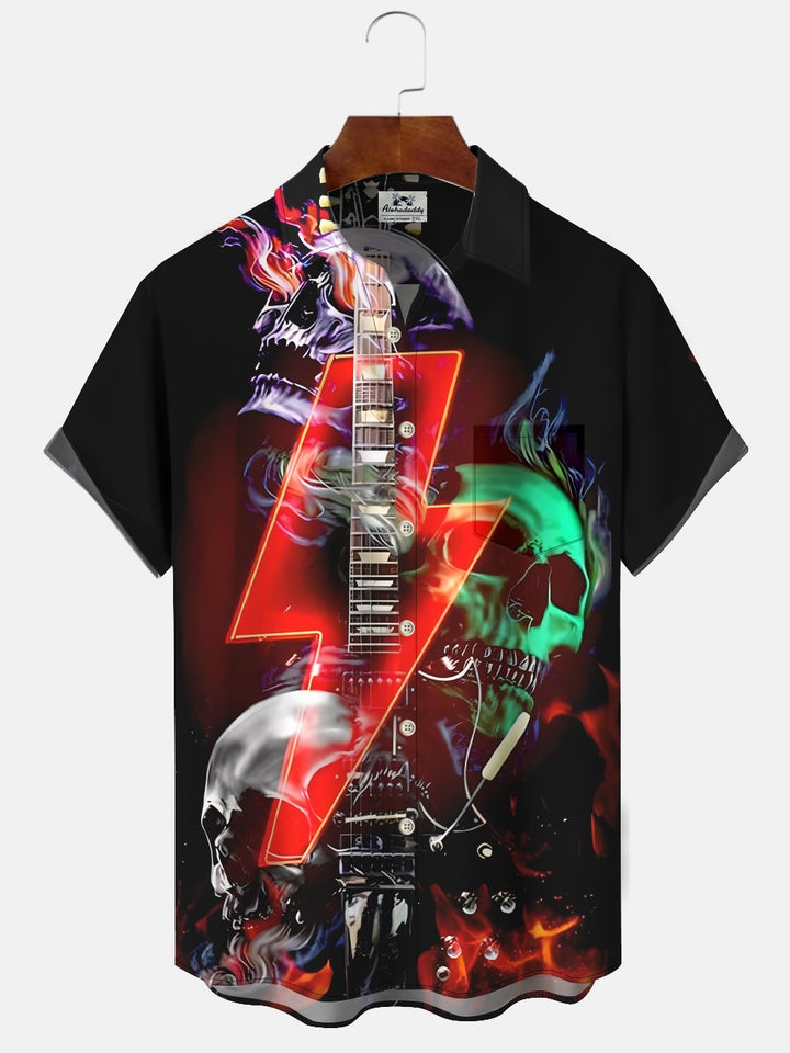 Alohadaddy Music Skull Button Pocket Casual Short Sleeve Shirt