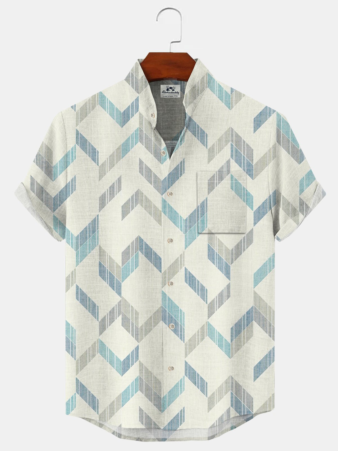 Alohadaddy Geometric Button Pocket Casual Short Sleeve Stand Collar Shirt