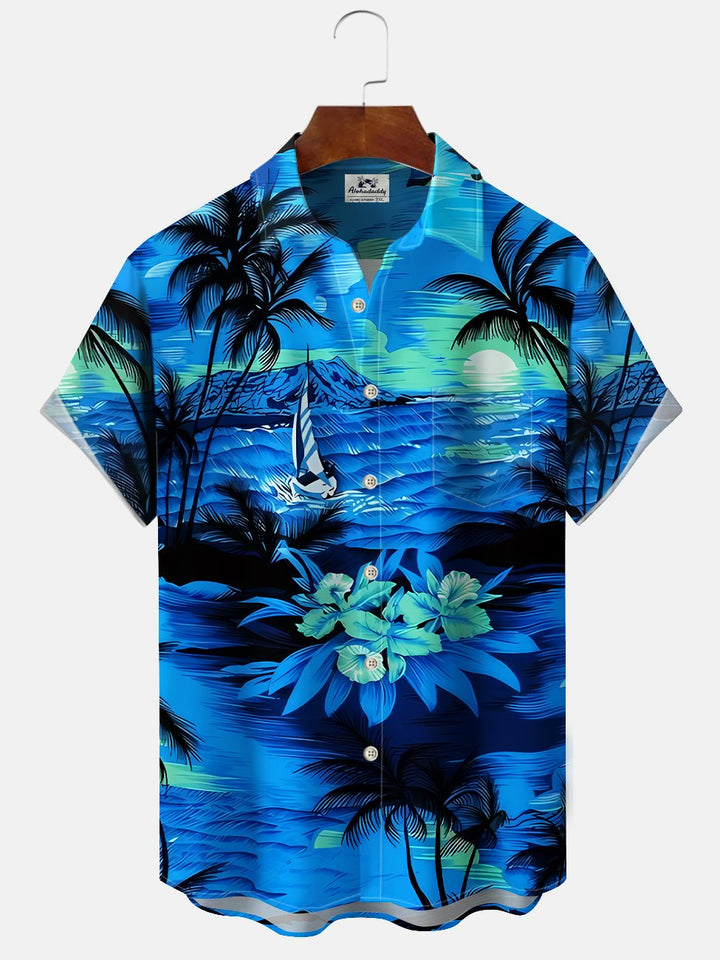 Alohadaddy Plant Coconut Tree Button Pocket Casual Short Sleeve Shirt