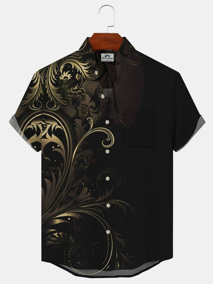 Alohadaddy Plant Asymmetric Button Pocket Casual Short Sleeve Stand Collar Shirt