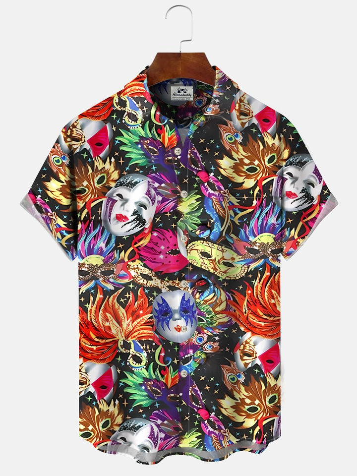 Alohadaddy Carnival Mask Button Pocket Casual Short Sleeve Shirt