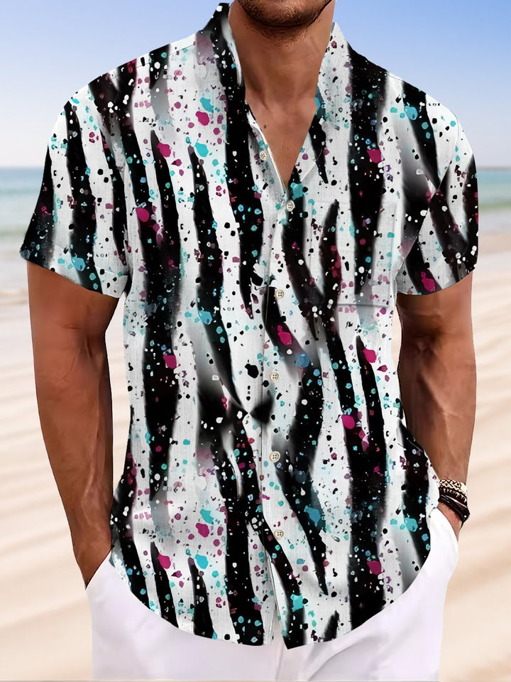 Alohadaddy Geometric Button Pocket Casual Short Sleeve Stand Collar Shirt