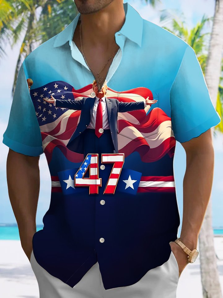 Alohadaddy Gradient Flag Trump Button Pocket Casual Short Sleeve Shirt