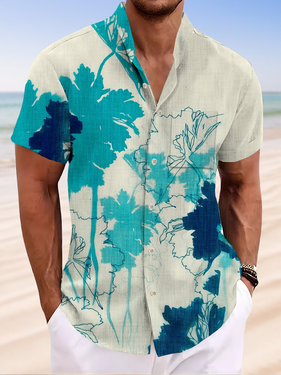 Alohadaddy Botanical Flower Button Pocket Casual Short Sleeve Stand Collar Shirt