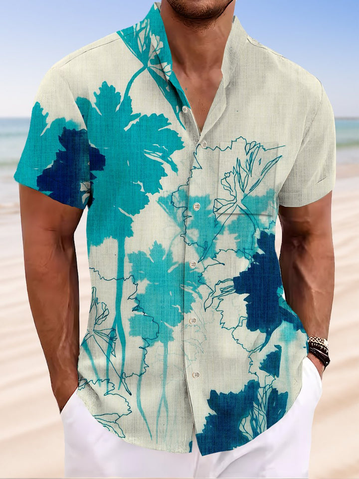 Alohadaddy Botanical Flower Button Pocket Casual Short Sleeve Stand Collar Shirt