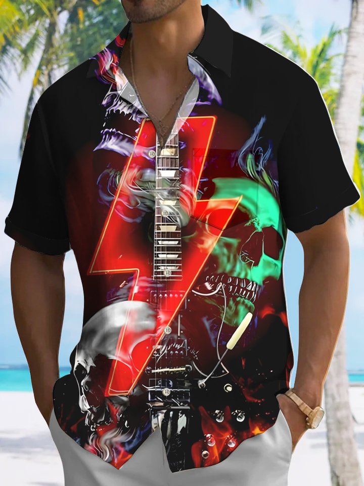Alohadaddy Music Skull Button Pocket Casual Short Sleeve Shirt
