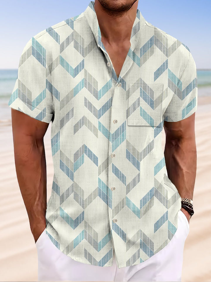 Alohadaddy Geometric Button Pocket Casual Short Sleeve Stand Collar Shirt