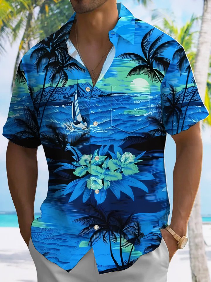 Alohadaddy Plant Coconut Tree Button Pocket Casual Short Sleeve Shirt