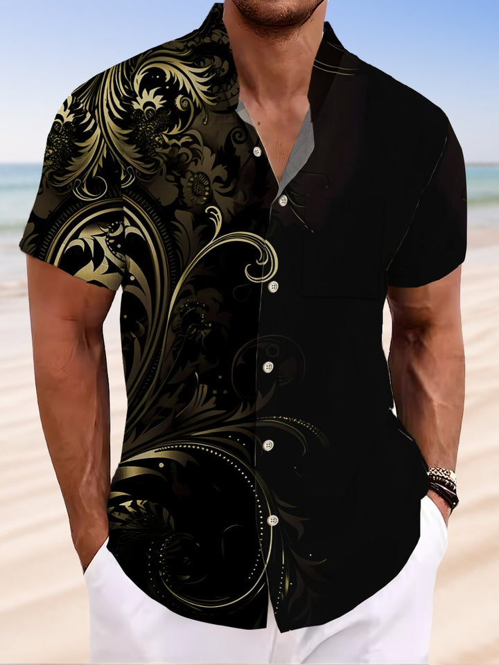 Alohadaddy Plant Asymmetric Button Pocket Casual Short Sleeve Stand Collar Shirt
