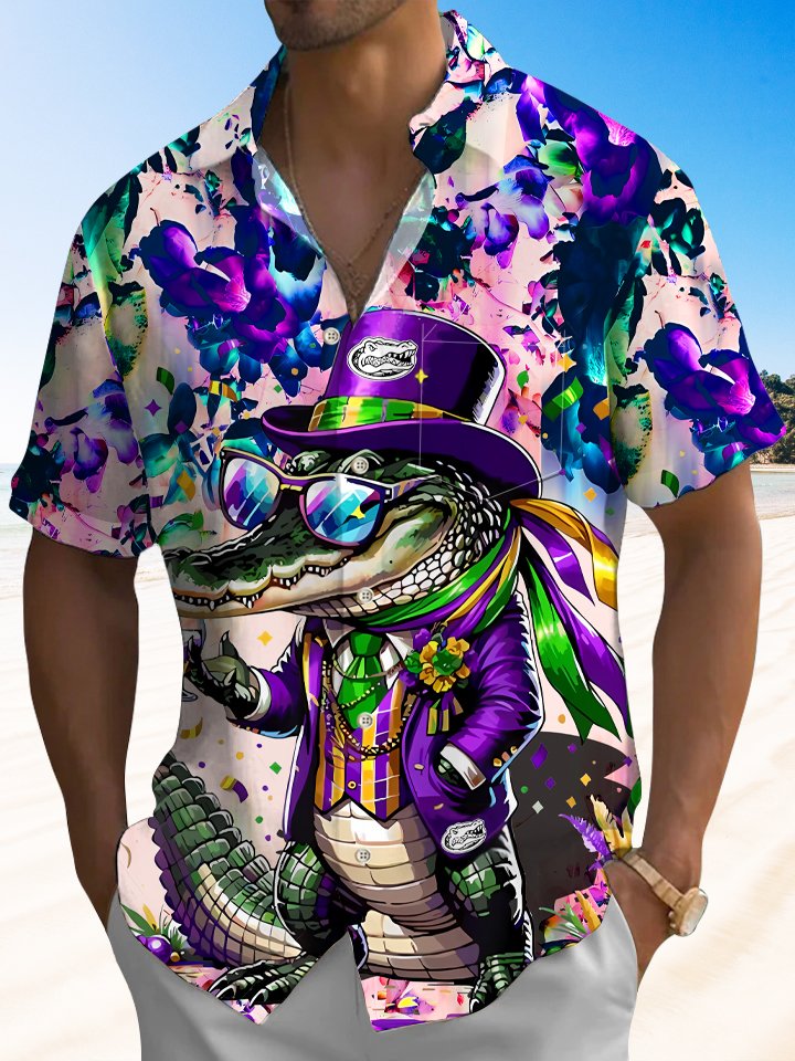 Alohadaddy Carnival Alligator Mask Button Pocket Casual Short Sleeve Shirt