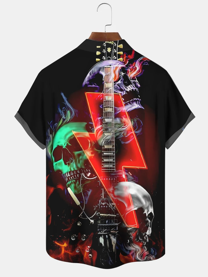Alohadaddy Music Skull Button Pocket Casual Short Sleeve Shirt