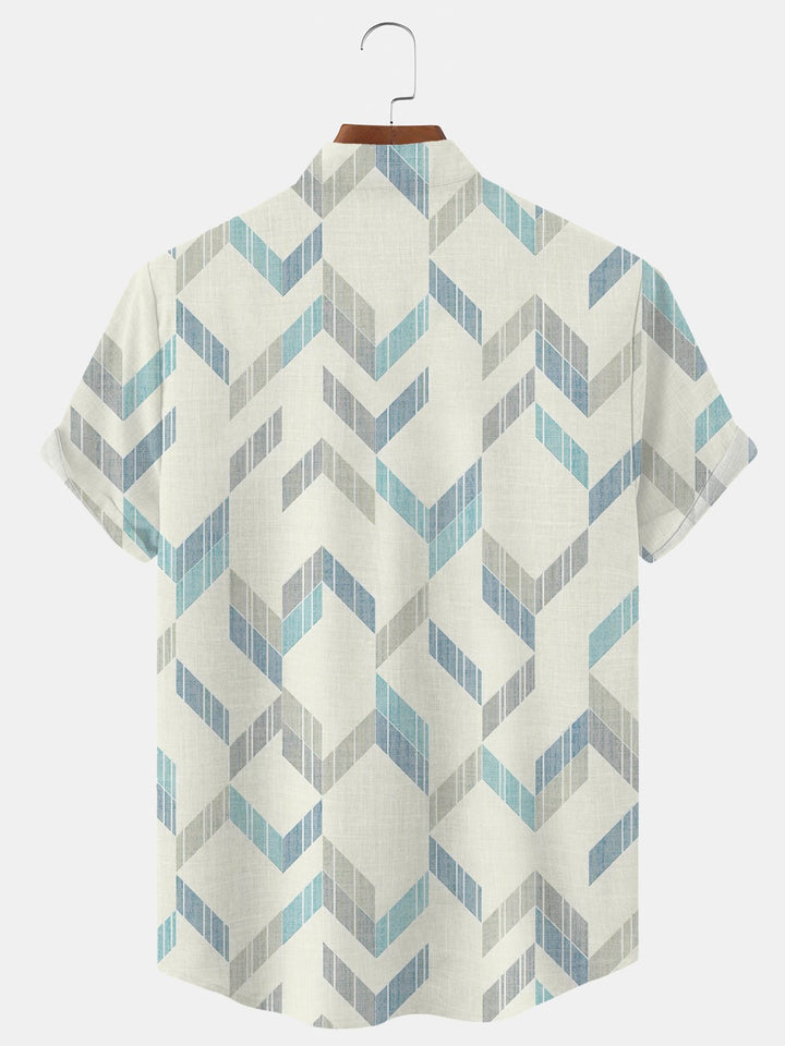 Alohadaddy Geometric Button Pocket Casual Short Sleeve Stand Collar Shirt