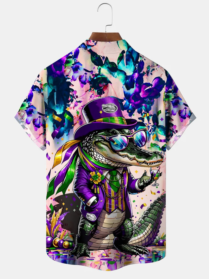 Alohadaddy Carnival Alligator Mask Button Pocket Casual Short Sleeve Shirt