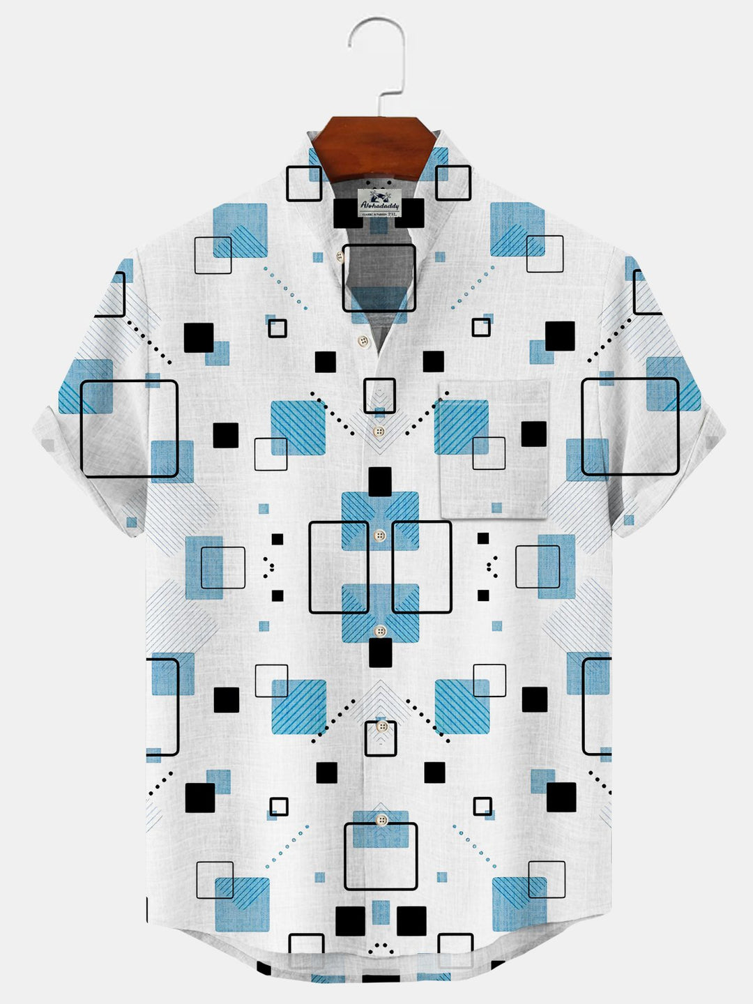 Alohadaddy Geometric Button Pocket Casual Short Sleeve Stand Collar Shirt