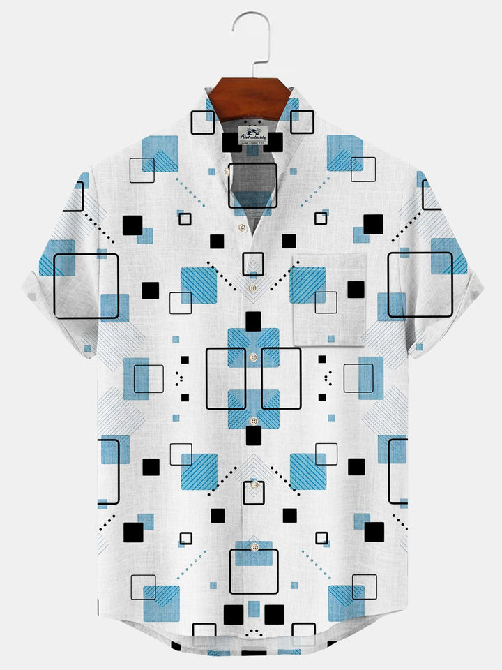 Alohadaddy Geometric Button Pocket Casual Short Sleeve Stand Collar Shirt