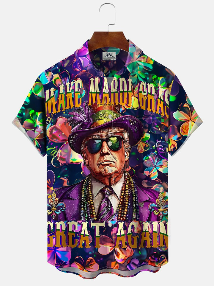 Alohadaddy Mardi Gras Trump Button Pocket Casual Short Sleeve Shirt