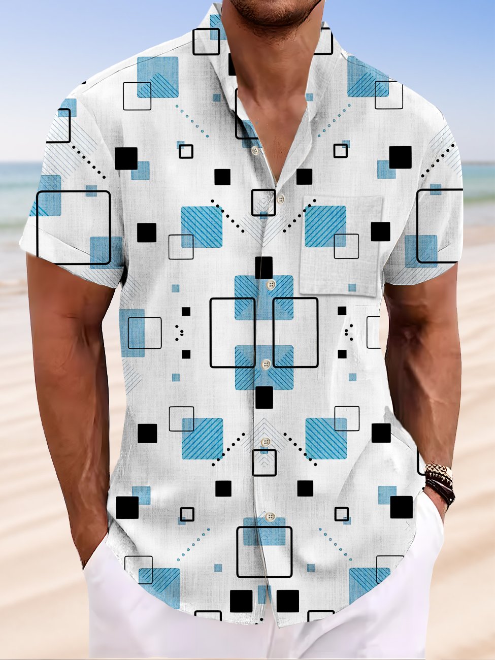Alohadaddy Geometric Button Pocket Casual Short Sleeve Stand Collar Shirt