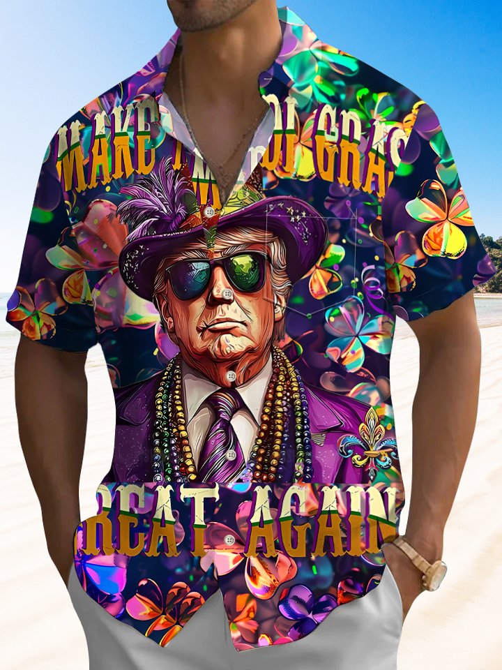 Alohadaddy Mardi Gras Trump Button Pocket Casual Short Sleeve Shirt