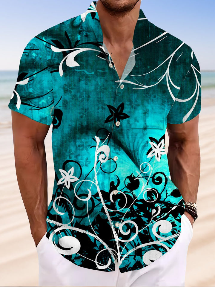 Alohadaddy Plant Flower Button Pocket Casual Short Sleeve Stand Collar Shirt