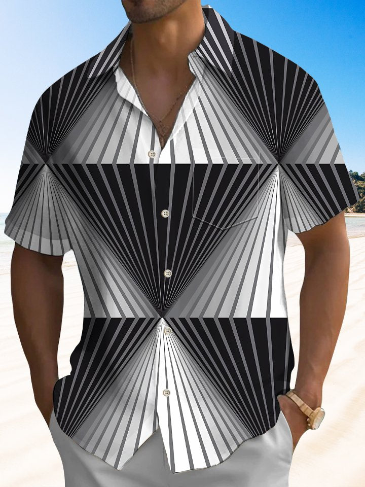 Alohadaddy Geometric Lines Button Pocket Casual Short Sleeve Shirt
