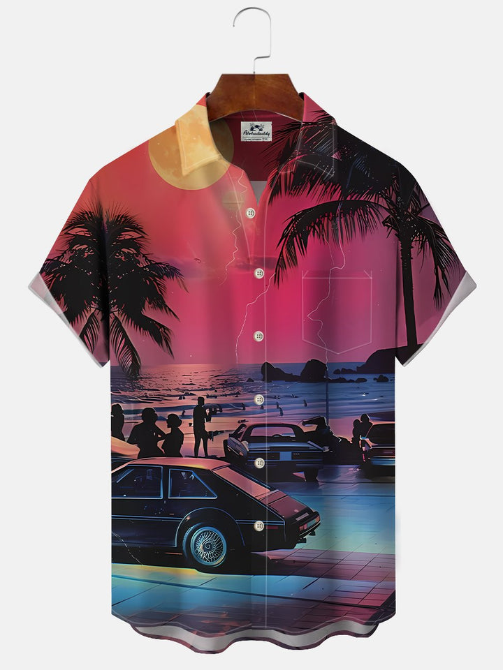 Alohadaddy Coconut Tree Beach Vacation Button Pocket Casual Short Sleeve Shirt