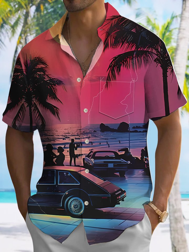 Alohadaddy Coconut Tree Beach Vacation Button Pocket Casual Short Sleeve Shirt