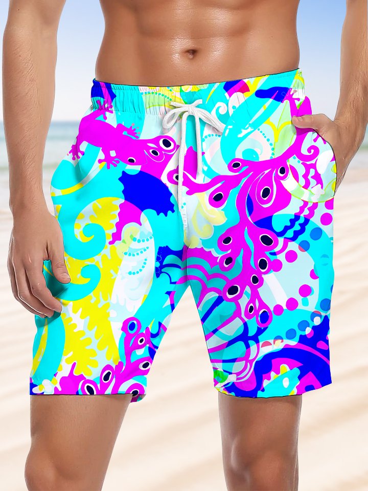 Alohadaddy Geometric Contrast Pocket Drawstring Casual Beach Shorts