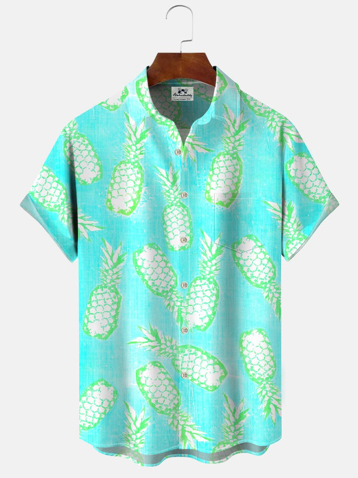 Alohadaddy Fluorescent Pineapple Button Pocket Casual Short Sleeve Shirt