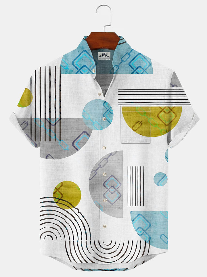 Alohadaddy Geometric Pattern Button Pocket Casual Short Sleeve Stand Collar Shirt