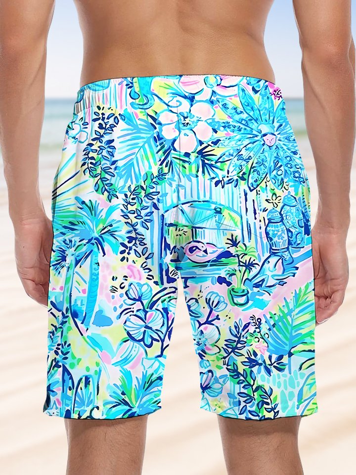 Alohadaddy Plant Flower Pocket Drawstring Casual Beach Shorts
