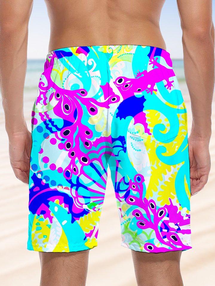 Alohadaddy Geometric Contrast Pocket Drawstring Casual Beach Shorts