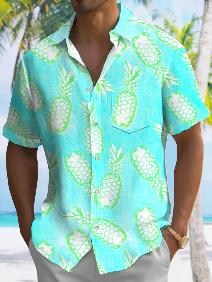 Alohadaddy Fluorescent Pineapple Button Pocket Casual Short Sleeve Shirt