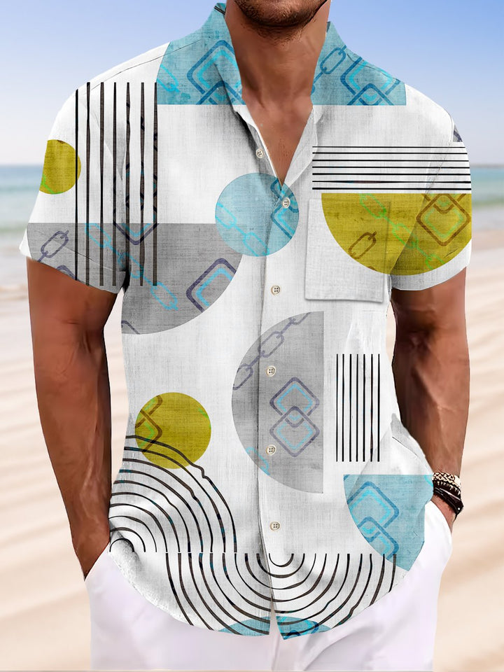 Alohadaddy Geometric Pattern Button Pocket Casual Short Sleeve Stand Collar Shirt