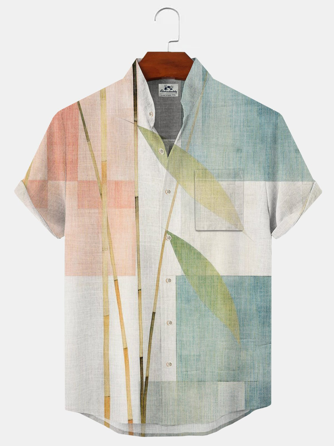 Alohadaddy Geometric Colorblock Plant Button Pocket Casual Short Sleeve Stand Collar Shirt