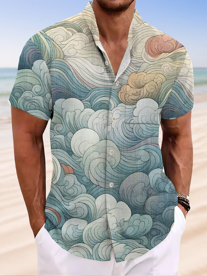 Alohadaddy Gradient Cloud Button Pocket Casual Short Sleeve Stand Collar Shirt