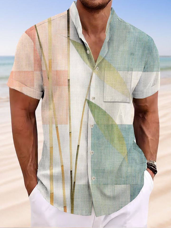 Alohadaddy Geometric Colorblock Plant Button Pocket Casual Short Sleeve Stand Collar Shirt