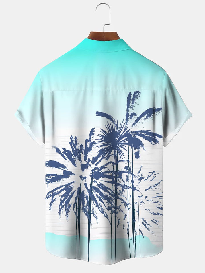 Alohadaddy Gradient Coconut Tree Button Pocket Casual Short Sleeve Shirt