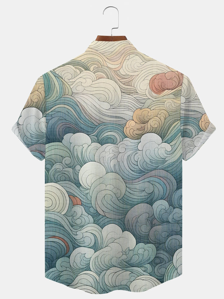 Alohadaddy Gradient Cloud Button Pocket Casual Short Sleeve Stand Collar Shirt