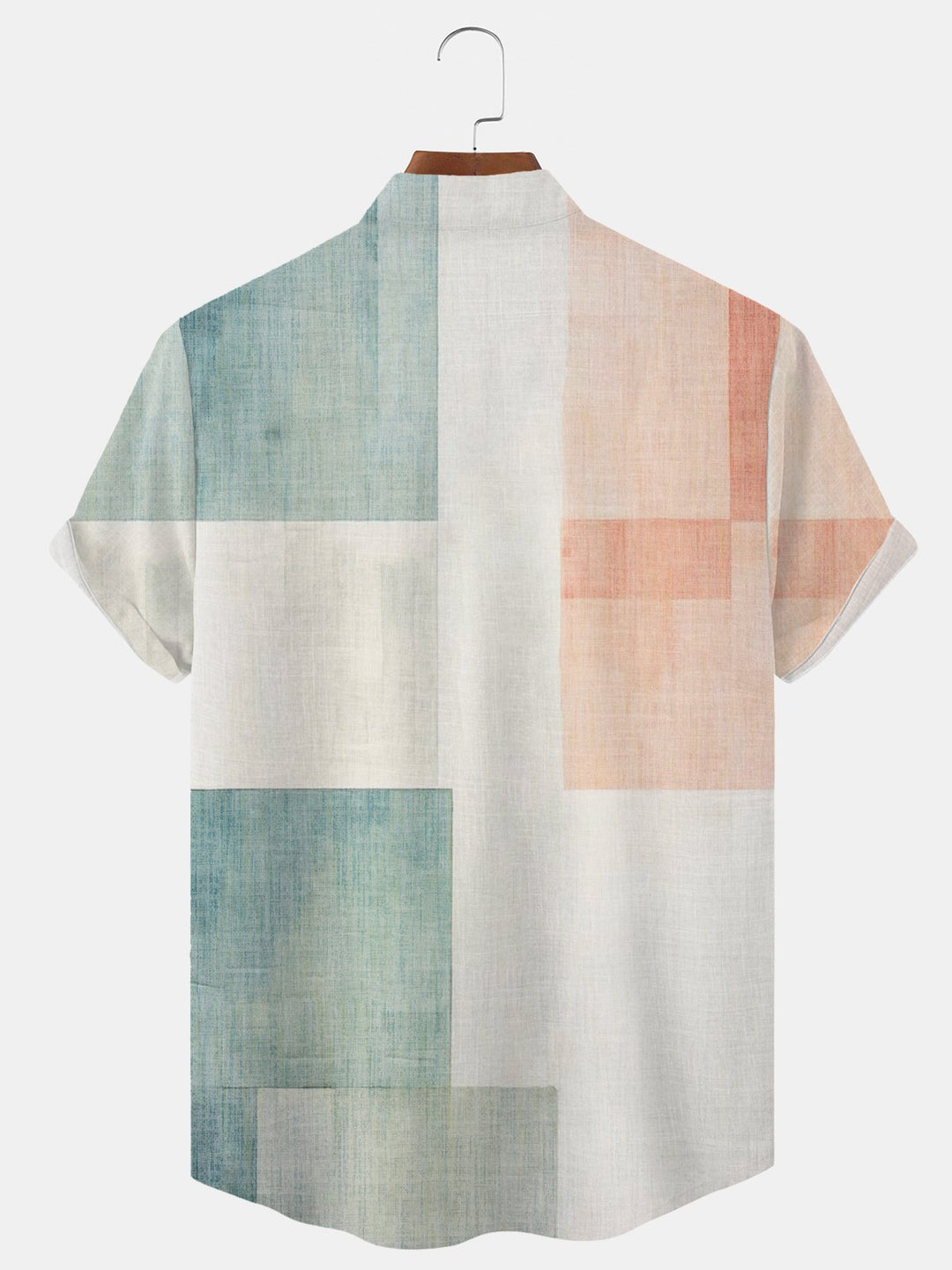 Alohadaddy Geometric Colorblock Plant Button Pocket Casual Short Sleeve Stand Collar Shirt